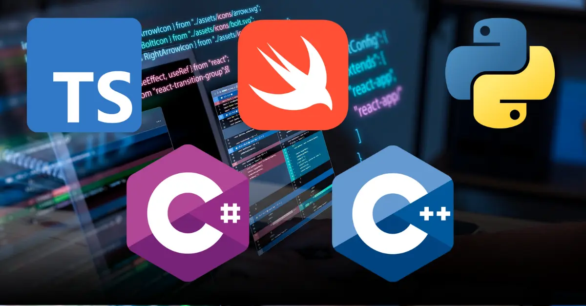 An illustration showing logos of various programming languages like Python, Swift, C++, C#, and TypeScript